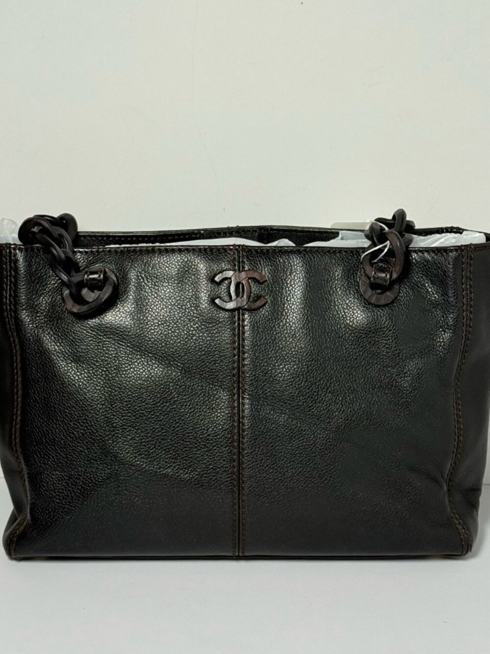 Chanel Vintage Black Calfskin Wood Chain Tote Handbag